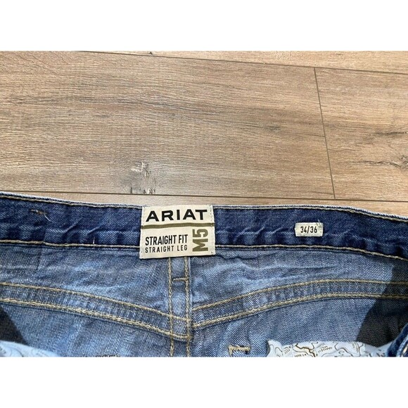 Ariat M5 Straight Mens 34X36 Tall Western Embroidered Stitch Blue Jeans Whiskers - Picture 4 of 10